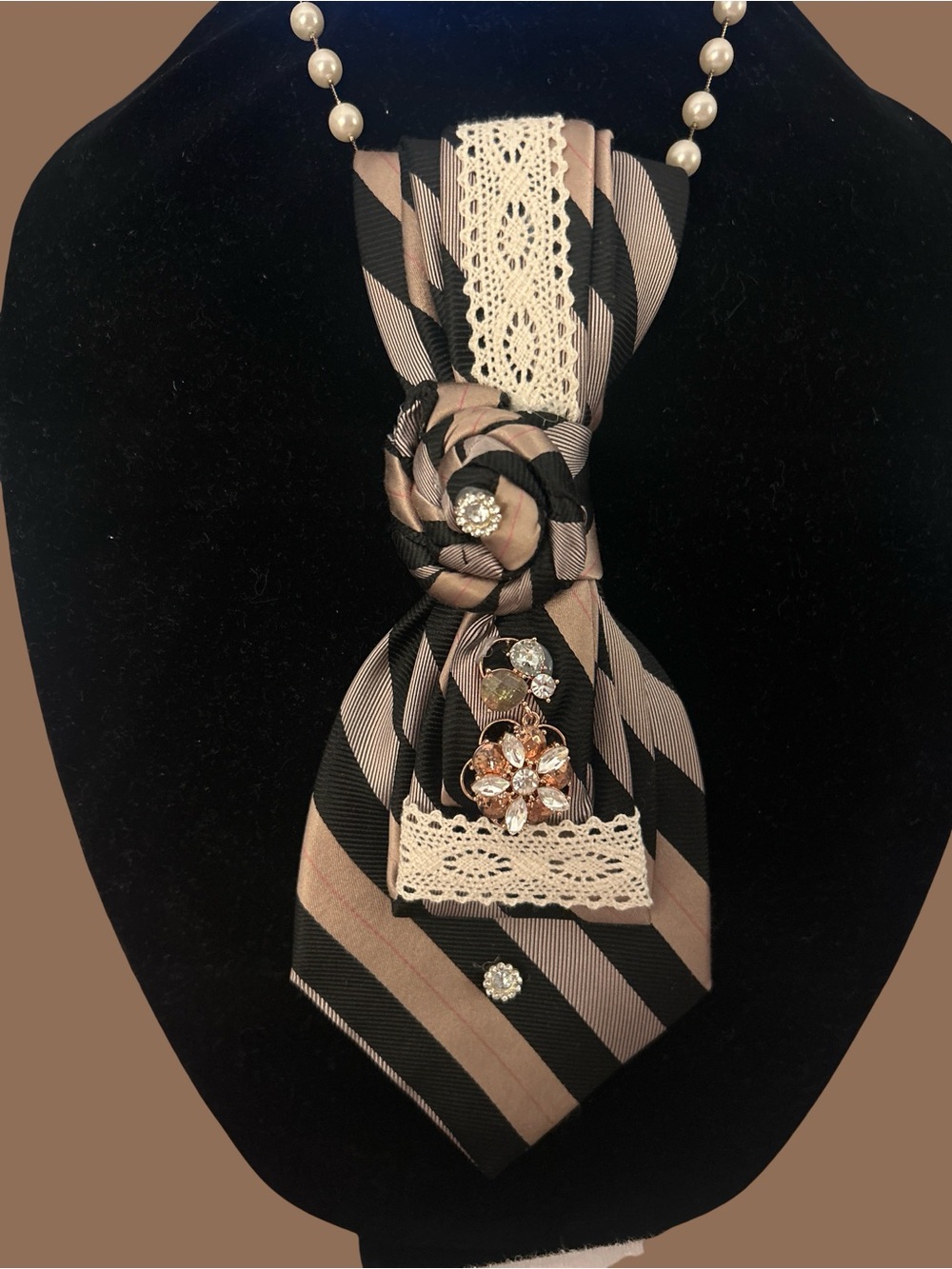 Striped Black and Beige Lace Accent Scarf Necklace with Floral Rhinestone Brooch